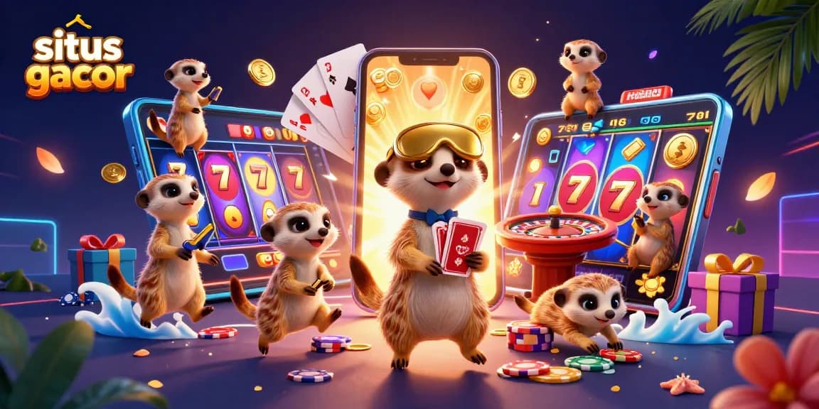 Experience thrill with "situs gacor" in a vibrant casino scene featuring playful meerkats and dynamic gaming elements.