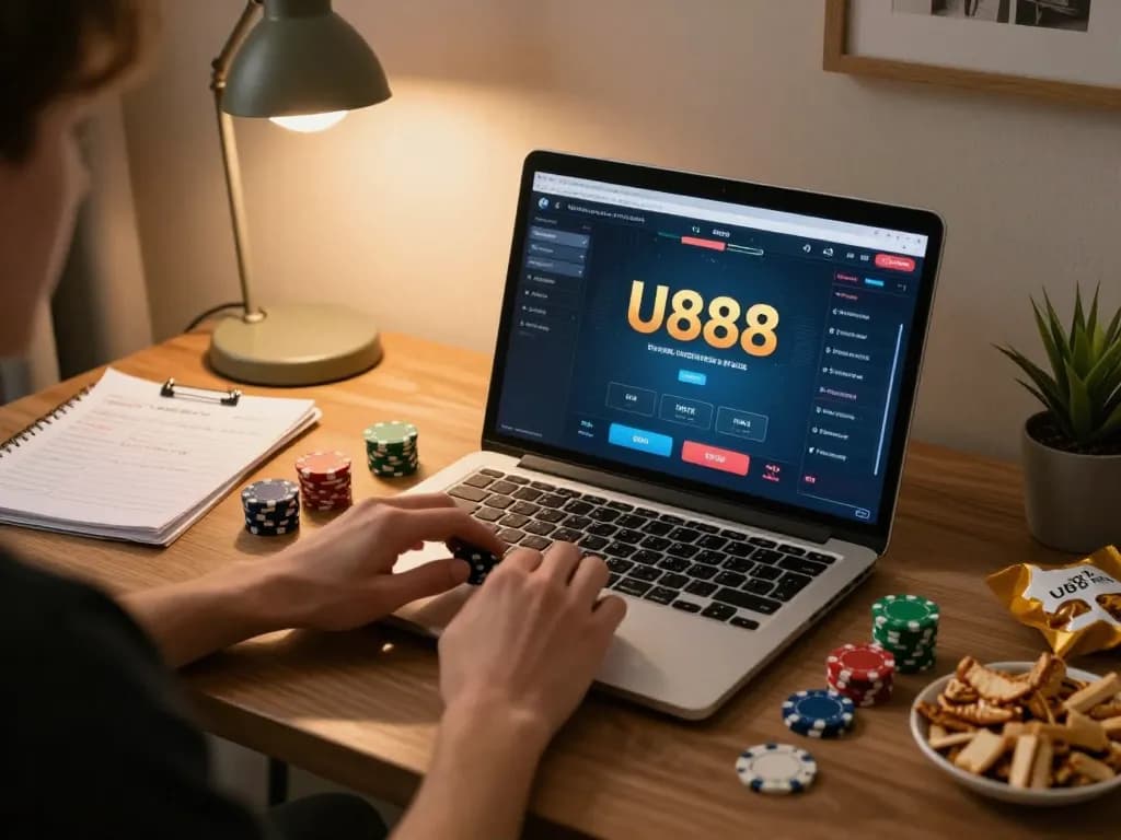 Play poker on U888 platform in a cozy home setting with focused gameplay and snacks.