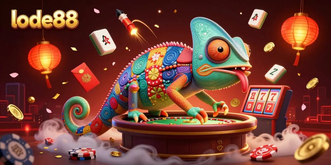 Engage with lode88's vibrant casino atmosphere featuring a chameleon owner and slot games.