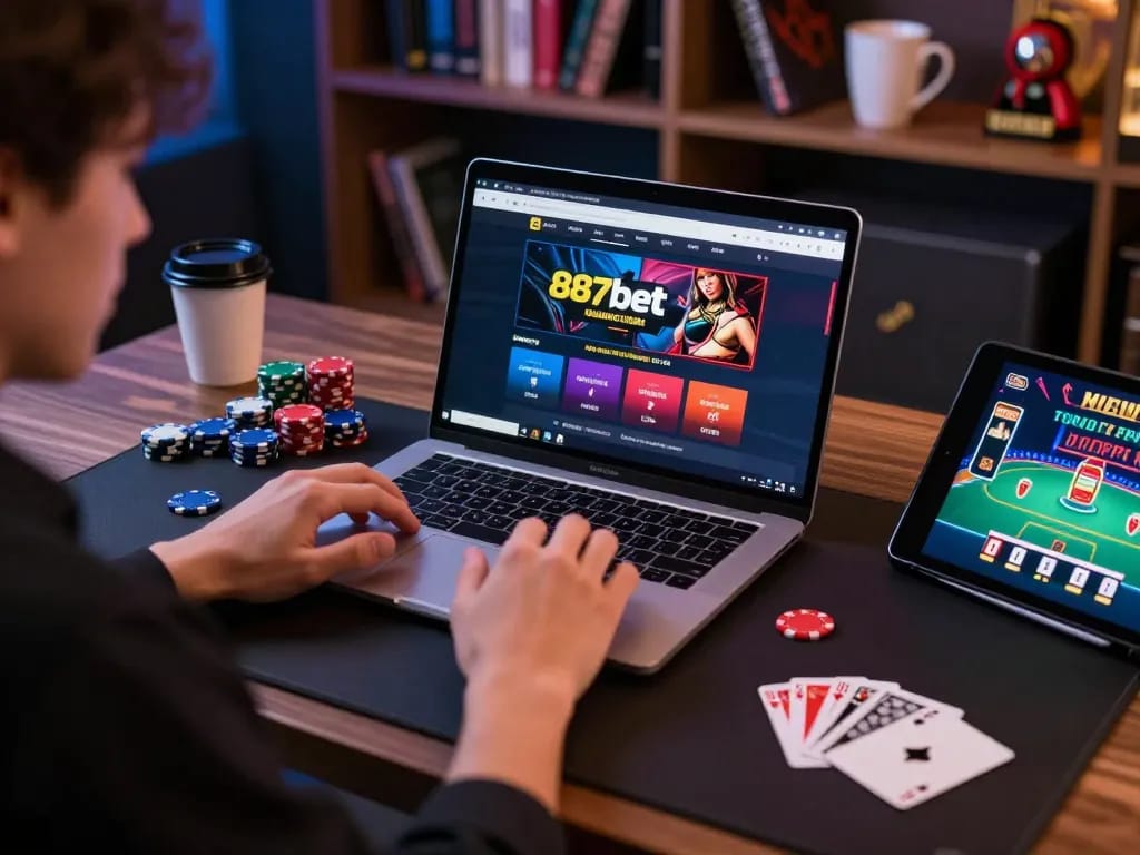 Pessoa jogando no laptop do cassino online 887bet, mostrando uma experiência de jogo focada.