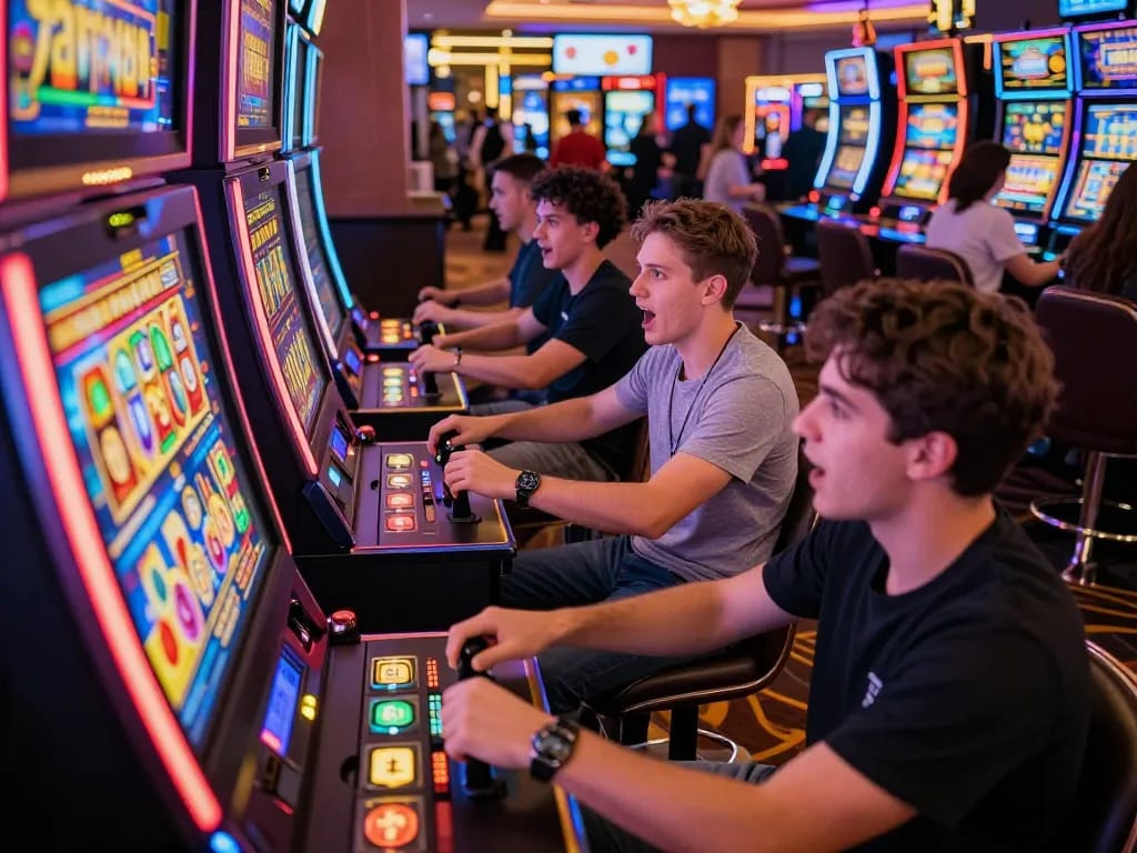 Players enjoying the excitement of tr88 nổ hũ at a colorful slot machine area in a lively casino.