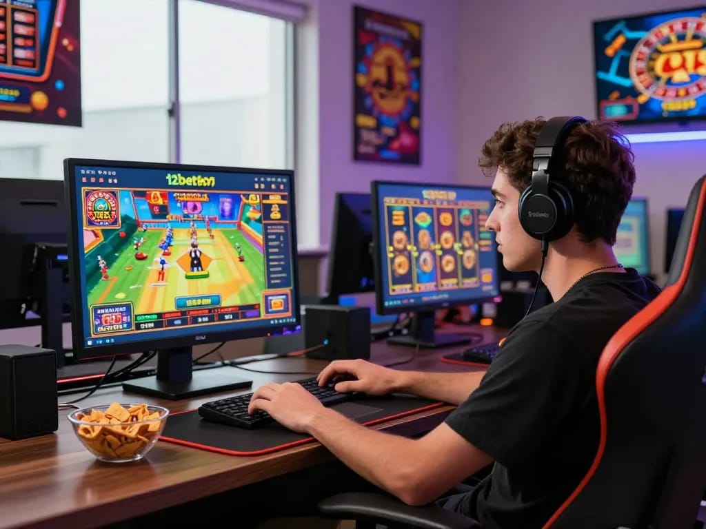 Player enjoying games on the 12bet brasil platform in a vibrant gaming room, showcasing excitement and engagement.