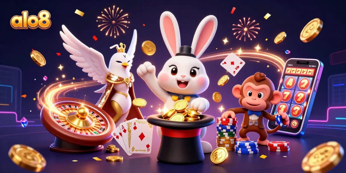 Win big with ALO8's vibrant casino scene featuring a magician rabbit and friends!