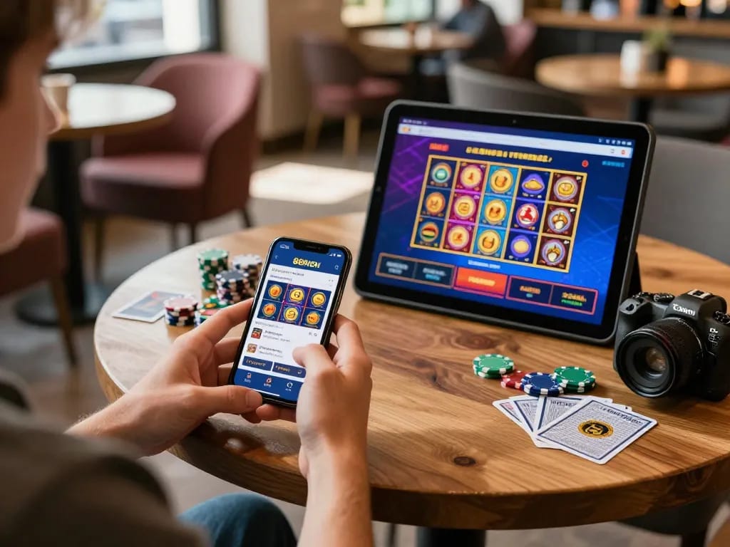 Engaging online gamer using 888NEW app for mobile slot gameplay in a cozy café setting