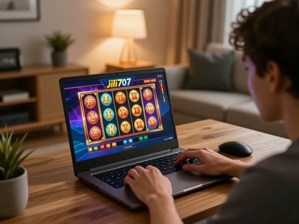 Engaging in online slots on Jili707 Brazil with vibrant interface in a cozy home setup.