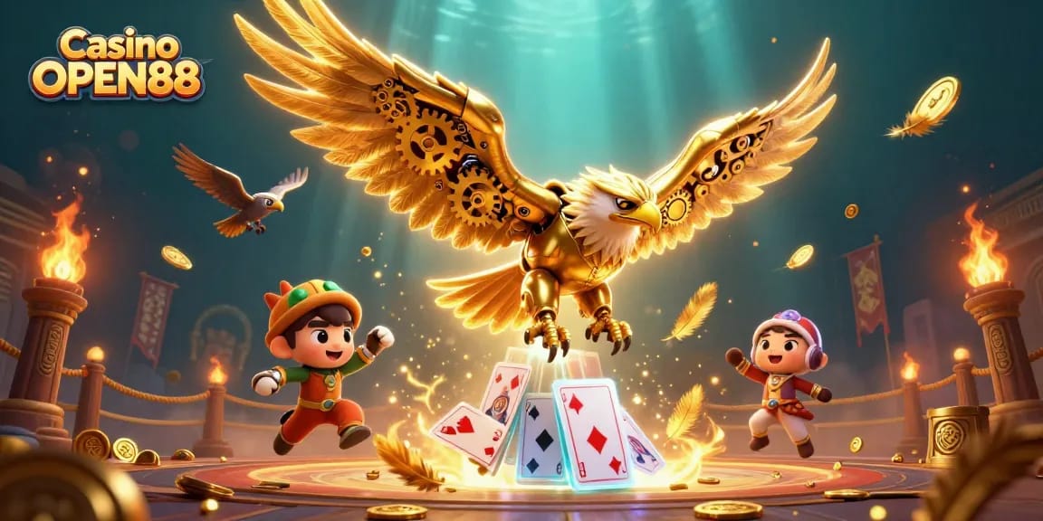 Witness the majestic Casino OPEN88 experience with a golden eagle soaring through holographic cards.