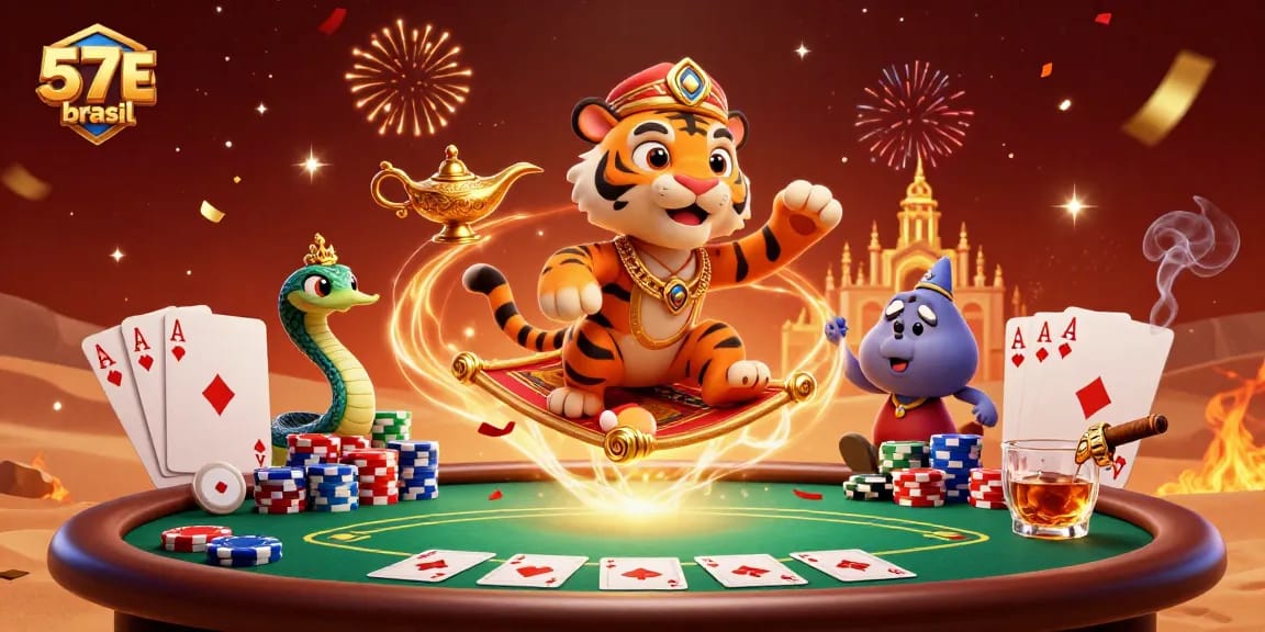 Engage in thrilling 57E brasil casino adventures with a magical tiger sultan, poker chips, and vibrant atmosphere.