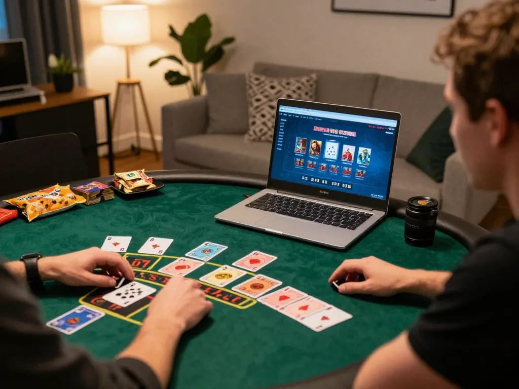 Engaging in live dealer blackjack with Jun88 on a laptop at home, enhancing strategic gameplay.