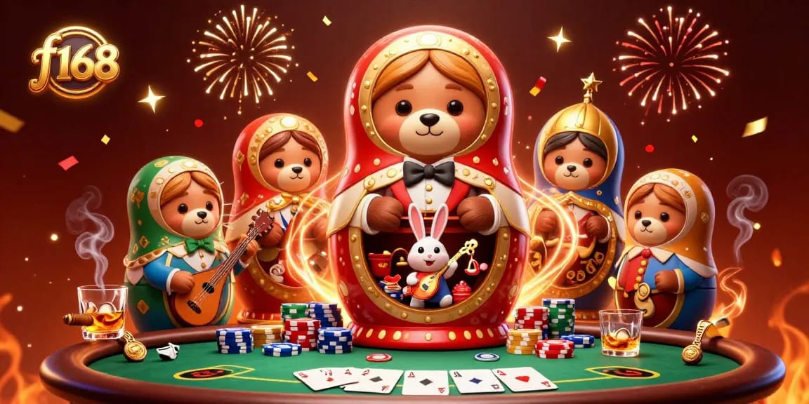 Experience the excitement of f 168 with 3D cartoon bears at a vibrant casino setting.