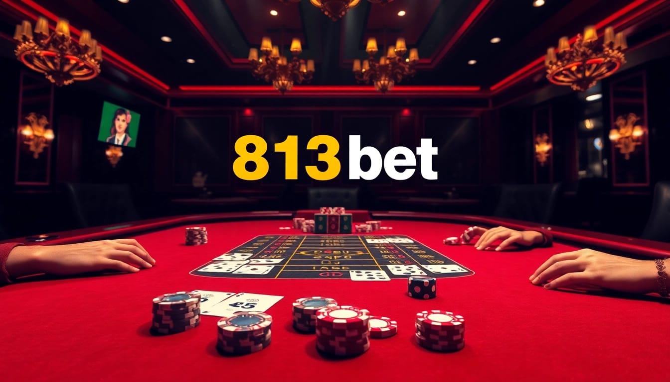 Layout de cassino envolvente exibindo o logotipo 813bet com jogadores na mesa de apostas.