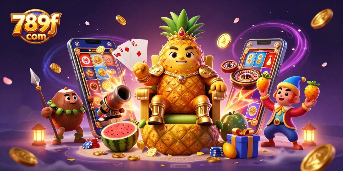 Engage with the vibrant world of online gaming at 789f com featuring a royal pineapple king, exotic characters, and dynamic casino elements