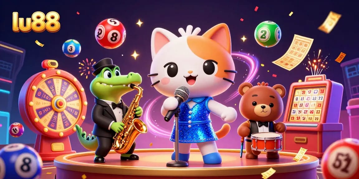 Play engaging games at lu88 with thrilling characters in a vibrant casino illustration.
