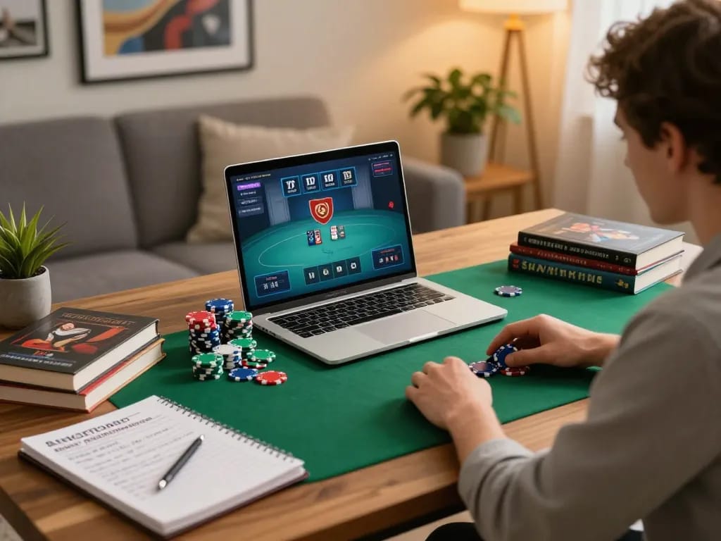 Person playing fun79 online poker, showcasing a stylish home setup with strategic notes and colorful chips.