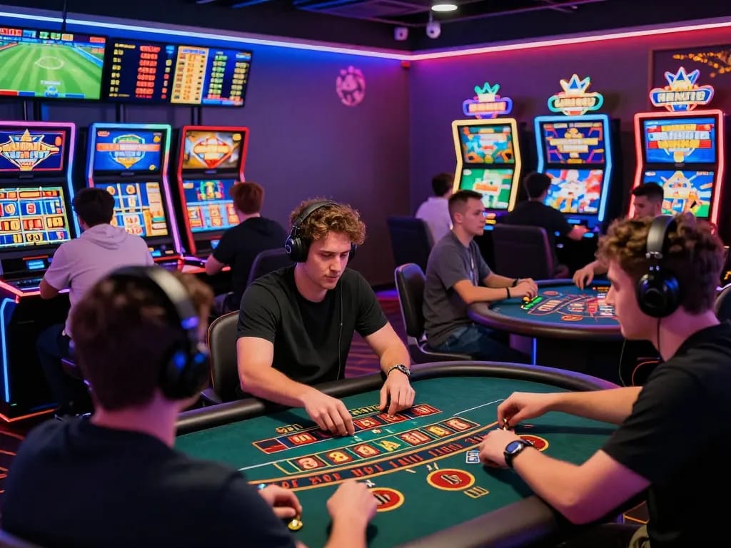 Engaging online gaming experience at HH55 with diverse players enjoying blackjack and slot machines.