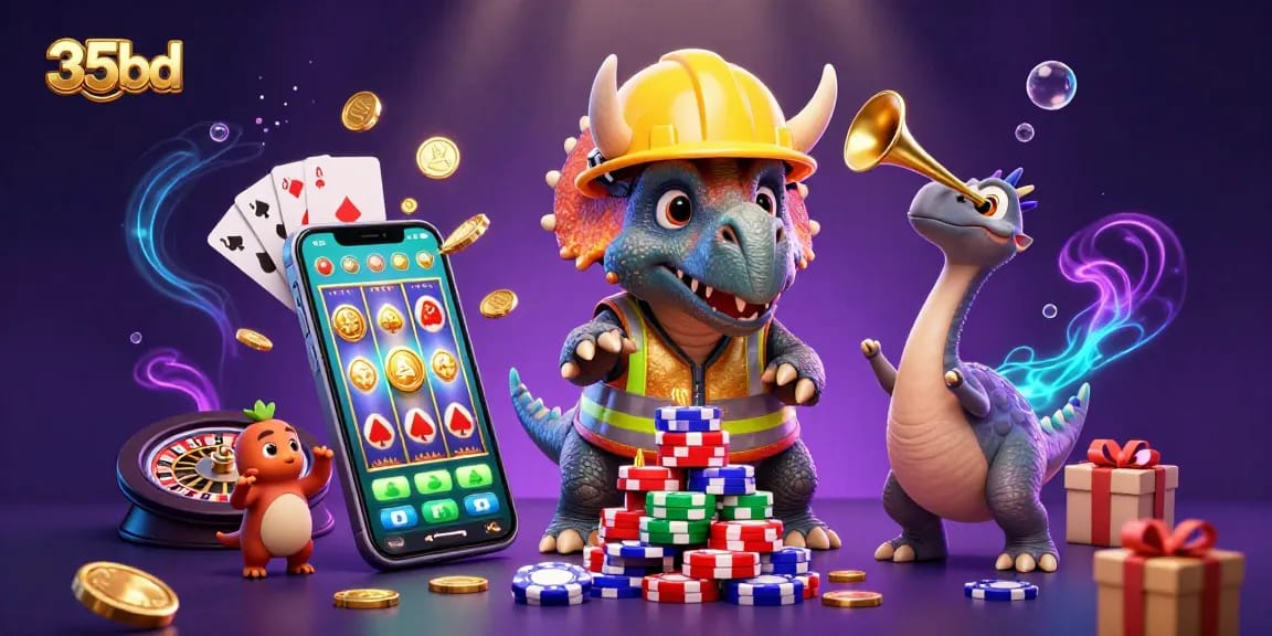 Engage with the dynamic 35bd casino scene featuring a triceratops building poker chip pyramids and celebrating wins.