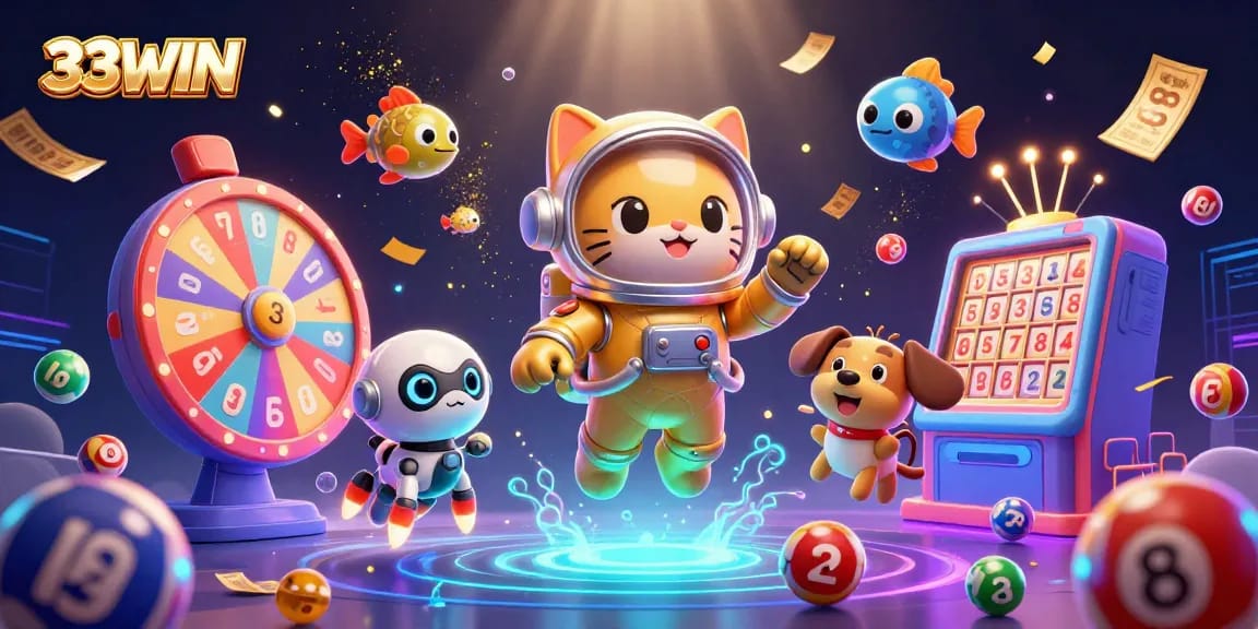 Experience the fun at 33WIN with our colorful casino-themed illustration featuring vibrant lottery activities and characters.