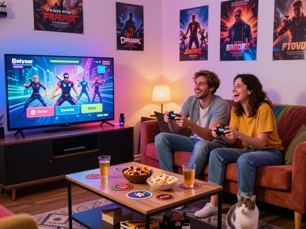 Couple enjoying immersive free porn games in a cozy gaming environment with snacks and laughter