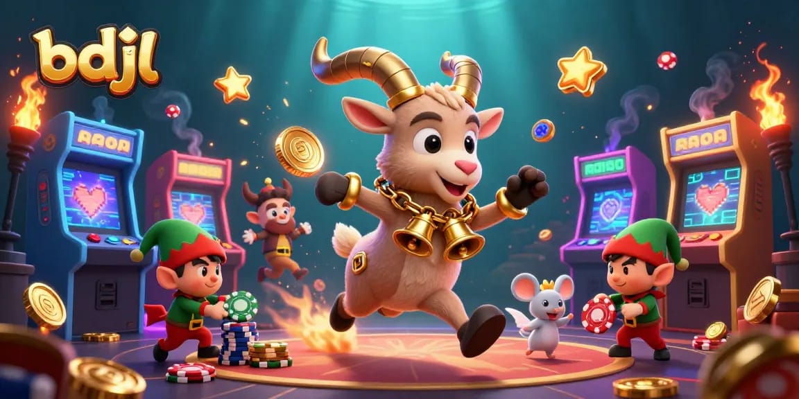 bdjl themed casino scene featuring a Krampus goat, angel mouse, and elf gremlins amidst colorful gaming elements.