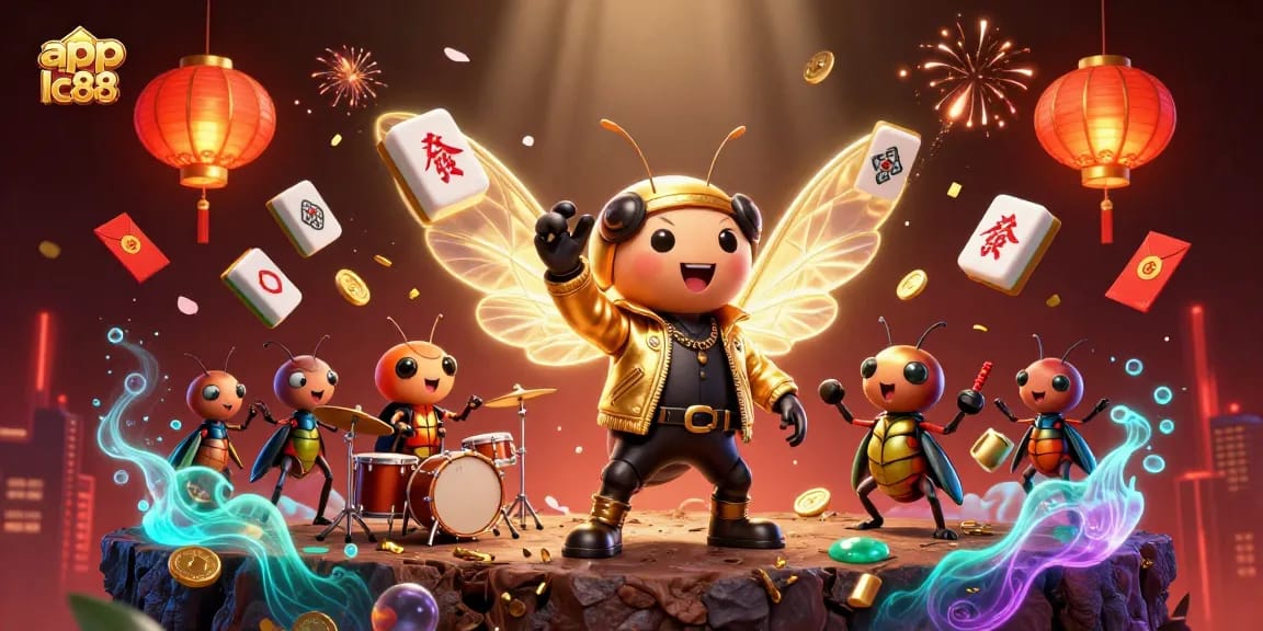 Win big using the app lc88: A dynamic scene with a rock star cicada celebrating gaming.