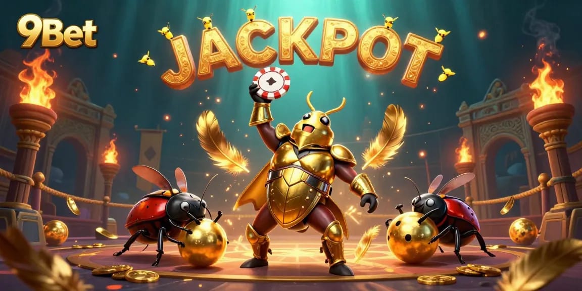Experience a thrilling victory with 9Bet, featuring vibrant casino elements and animated characters.