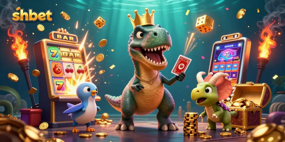 Engage in thrilling gameplay at shbet with a friendly dinosaur card game and a slot machine explosion.