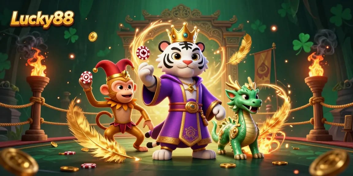Experience Lucky88 with vibrant characters juggling chips in a lively casino atmosphere filled with gold coins.