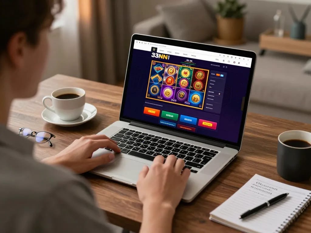 Engaging online gaming experience with 33NN platform displayed on laptop screen