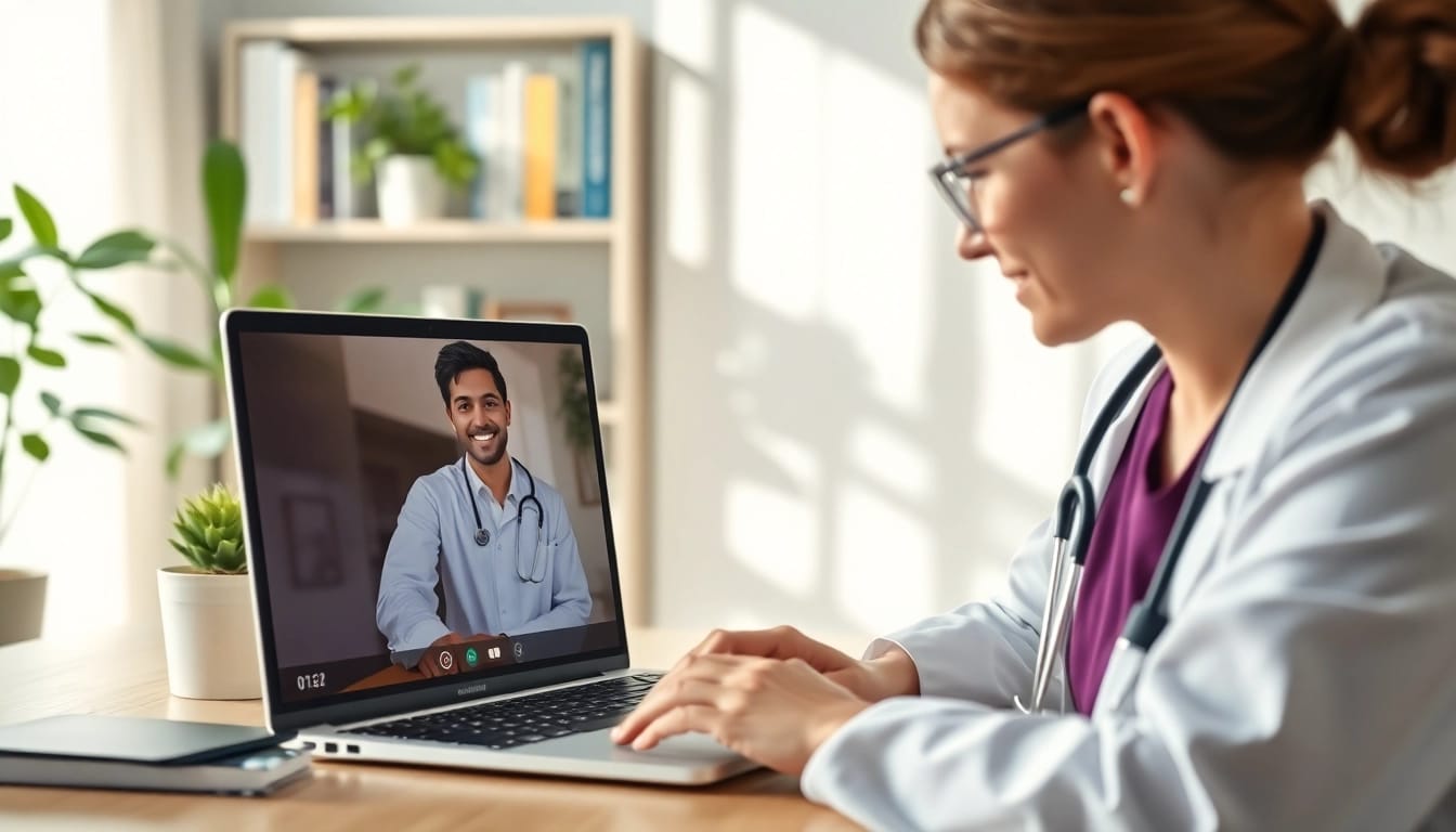 Schedule a same day online doctor visit with a professional in a modern home office setting.