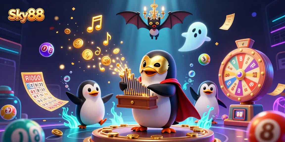 Engage with Sky88, where a penguin creates golden excitement playing the organ amidst vibrant gambling elements.
