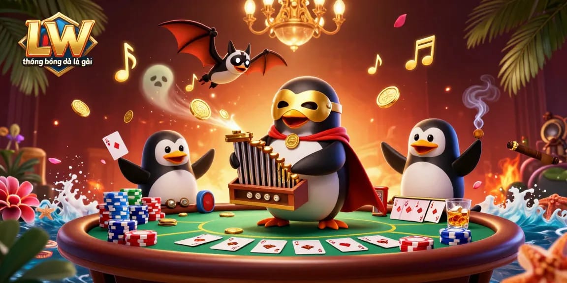 Experience LW trong bóng đá là gì with an exciting casino-themed illustration featuring 3D characters and poker elements.