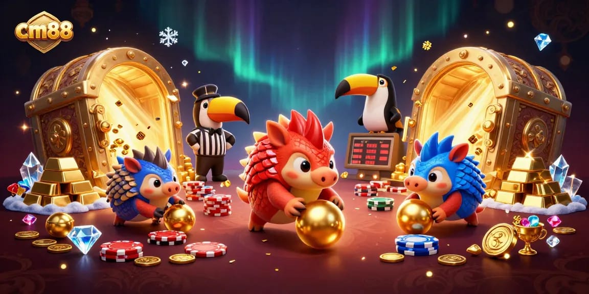Experience cm88's thrilling gaming scene with vibrant pangolins bowling through poker chips and treasure.