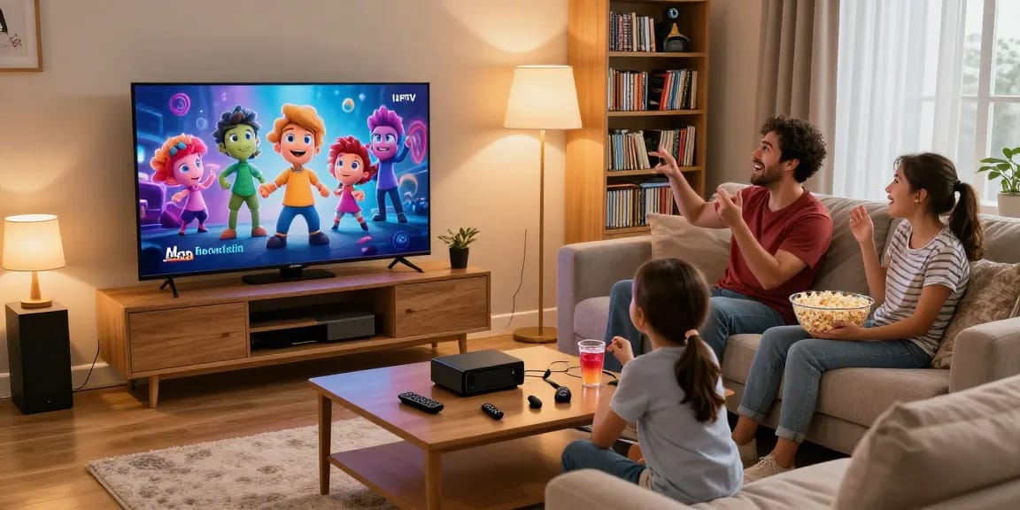 Família assistindo a um show de Iptv com alegria e conforto na sala de estar.
