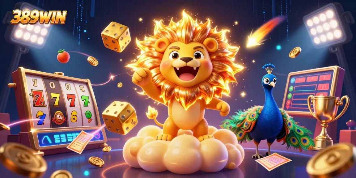 389WIN brings intense gaming excitement with a playful sun lion, golden dice, and vibrant slot elements.