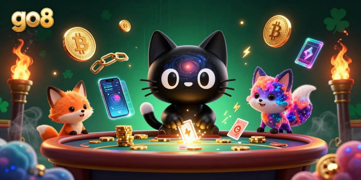 Win big at GO8 with an illustrated cosmic casino table filled with vibrant colors and energetic characters!