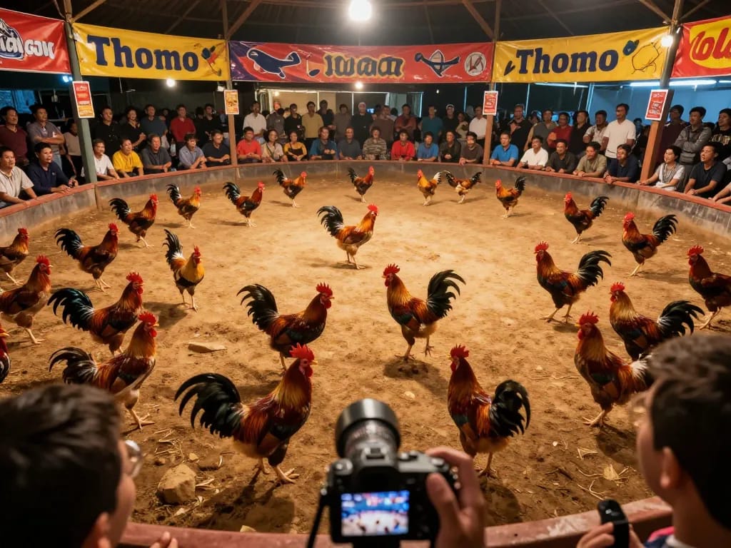 Engaging scene of lively đá gà thomo competition with colorful roosters in action.