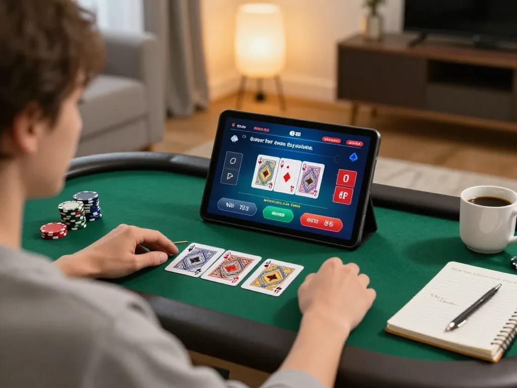 Engaging poker game on tablet in cozy setting, showcasing TG88 online casino gaming.