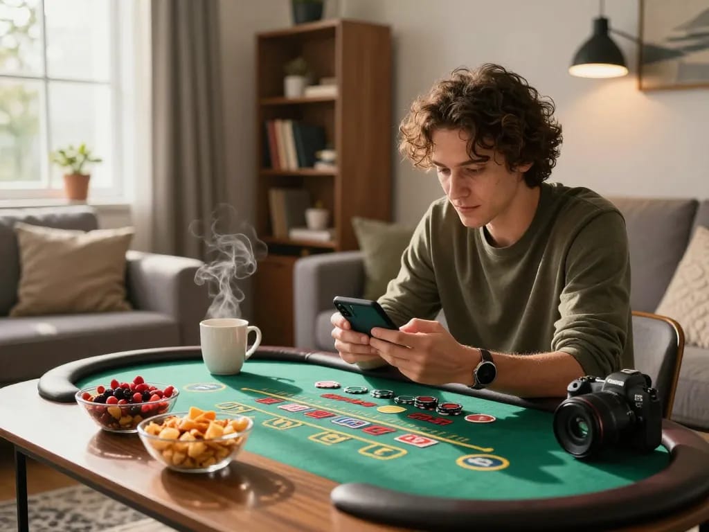 Engaged player strategizing on live baccarat at home, showcasing nhà cái Jun88's online gaming experience.