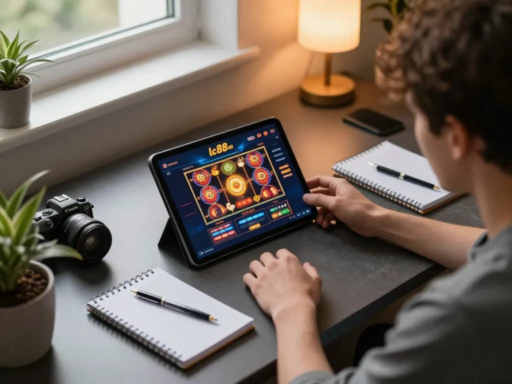 Engaging in strategic online gaming with lc88 com on a tablet, displaying vibrant slot machine gameplay