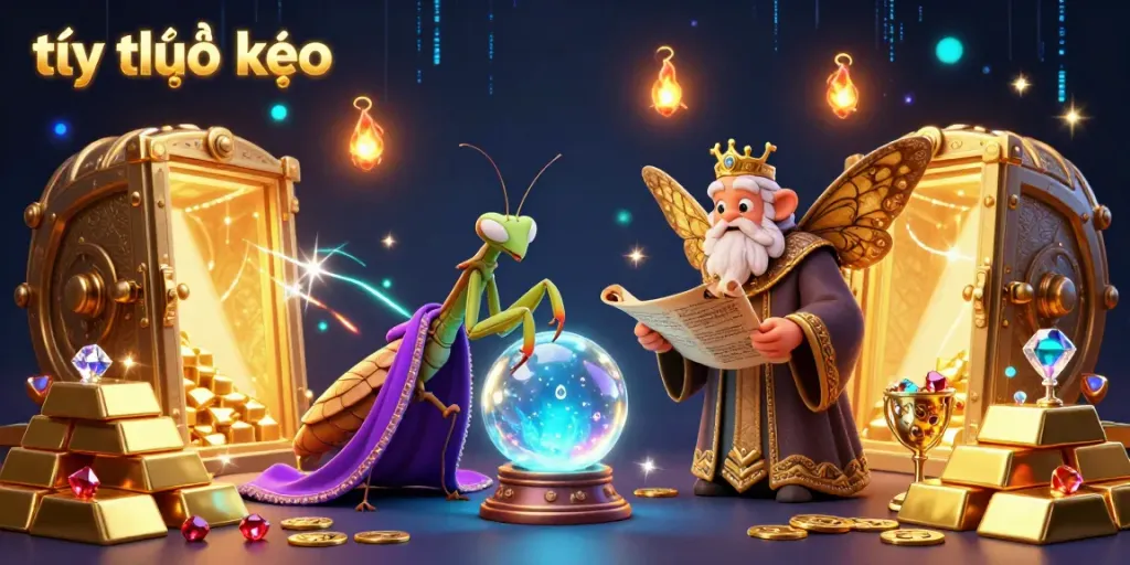 Experience winning strategies with tỷ lệ kèo in a vibrant casino illustration featuring mystical characters and treasure.