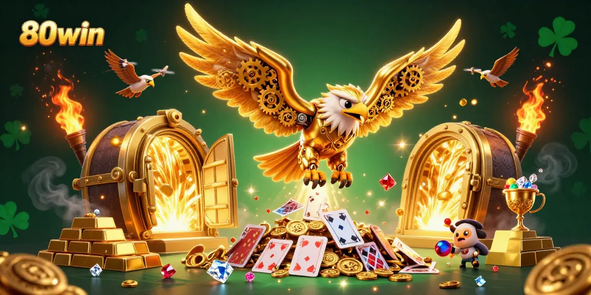 Win big with 80win! Experience thrilling casino action with a dynamic golden eagle and holographic cards.