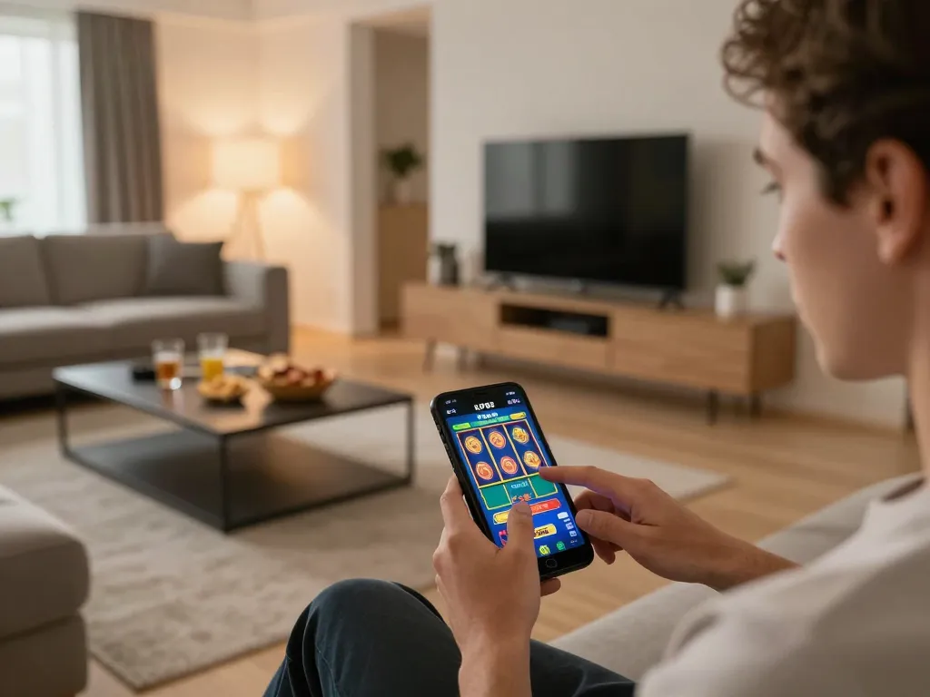 Using the KP88 app to play online slots in a cozy home setting with warm lighting and casual decor