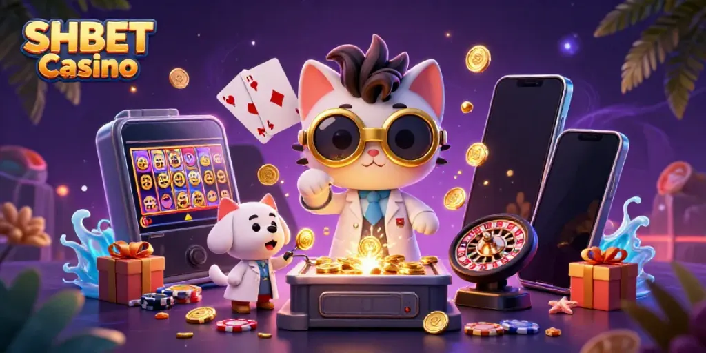 Experience thrilling games at SHBET Casino with a mad scientist cat and loyal dog in a vibrant 3D world.