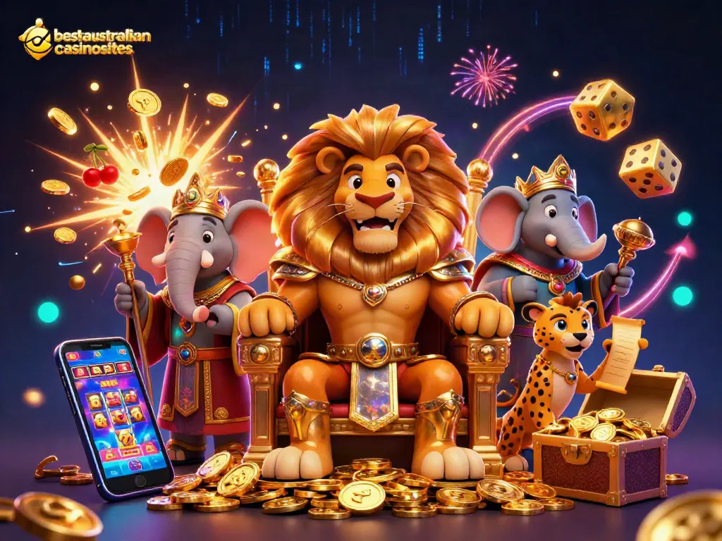 Experience the excitement at bestaustraliancasinosites with a thrilling 3D casino illustration featuring a lion king and slot machines.