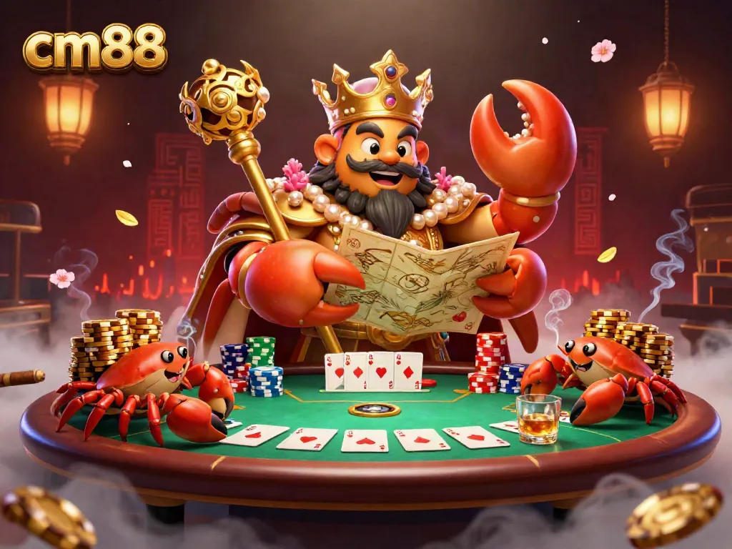 Engage with cm88's vibrant casino fun featuring a golden crab emperor amidst colorful poker elements and golden chips.