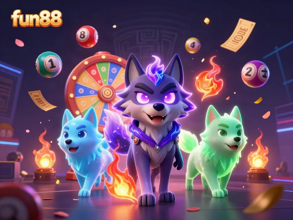 Experience fun88's vibrant lottery excitement with a dynamic 3D illustration featuring playful elements.