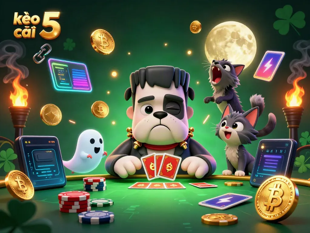 Engage with kèo nhà cái 5 as a Frankenstein bulldog dealer showcases cards over a mystical gaming table.