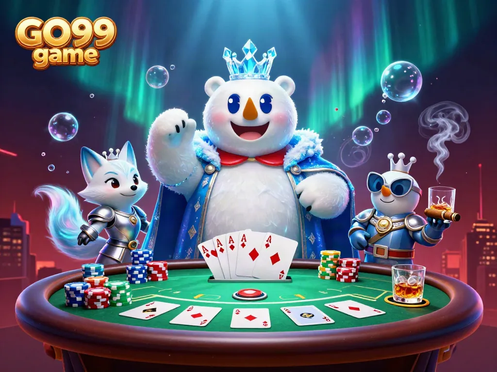Engage with GO99 game at this vibrant poker scene featuring a cartoon ice king and snow fox.