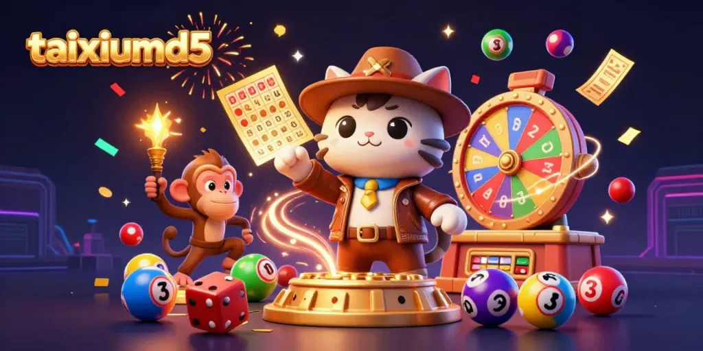 Experience the thrilling world of taixiumd5 with a vibrant 3D illustration showcasing an archaeologist cat discovering golden casino treasures.