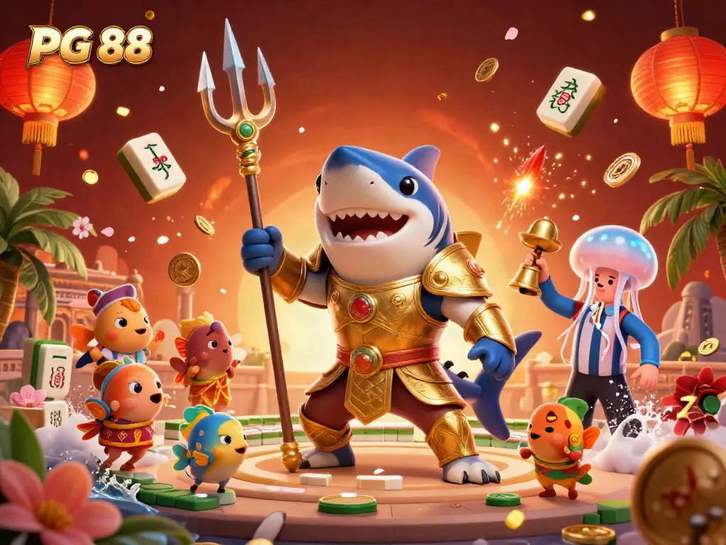 Engage with PG 88 in this vibrant underwater casino illustration featuring a tiger shark gladiator.