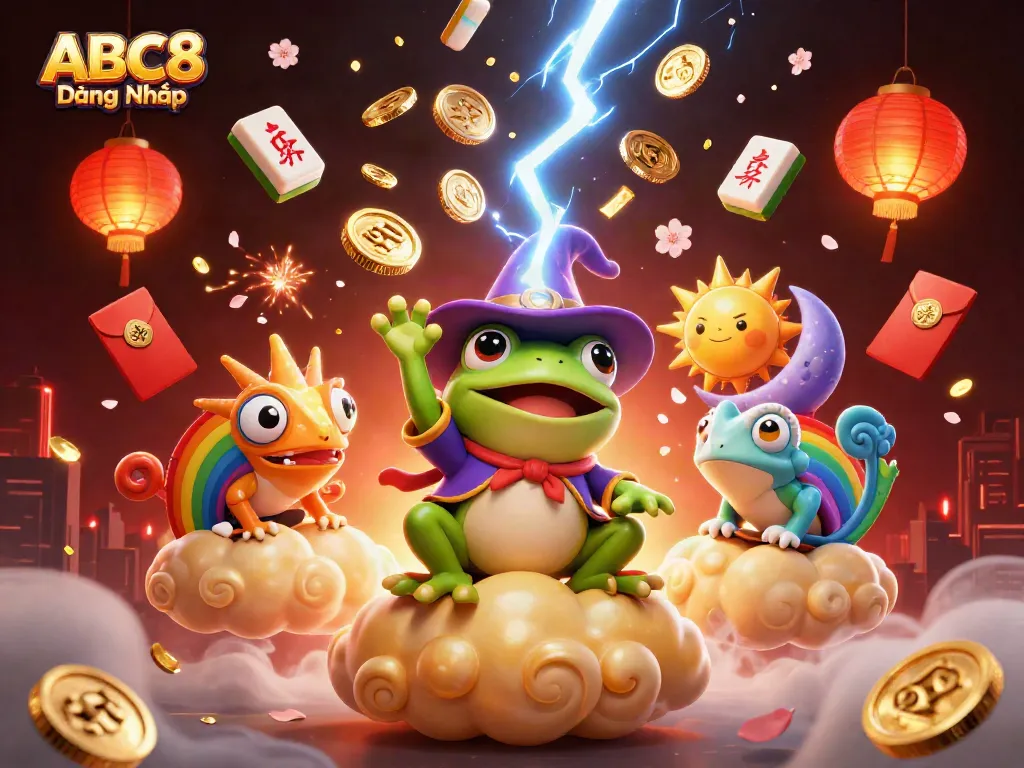 Experience the excitement of ABC8 Đăng Nhập as a wizard frog conjures golden coins with vibrant gambling elements.